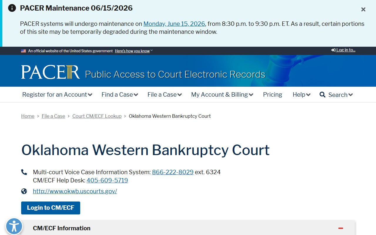 PACER CM/ECF lookup for Western District of Oklahoma bankruptcy court records covering Major County