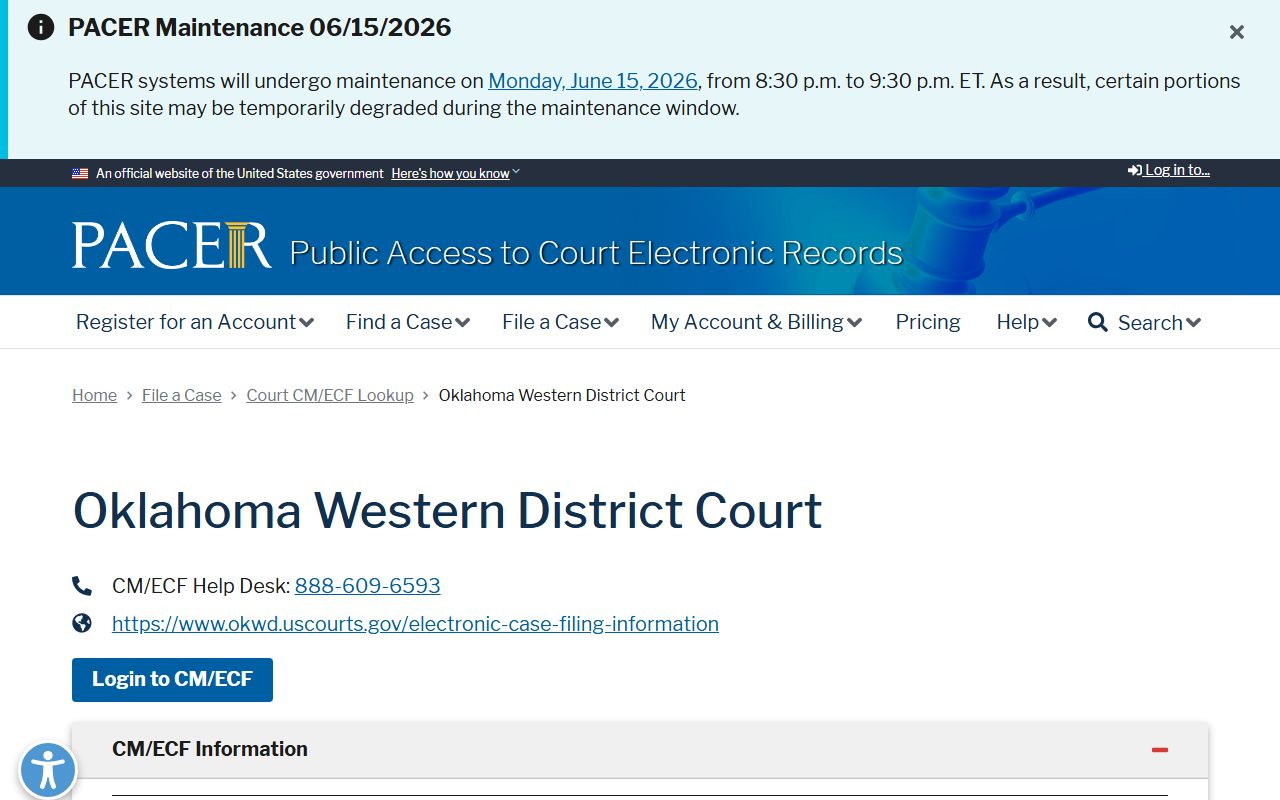 PACER CM/ECF lookup page for Major County federal court records in the Western District of Oklahoma