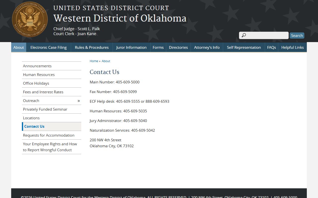 Western District of Oklahoma contact page for federal court records affecting Major County