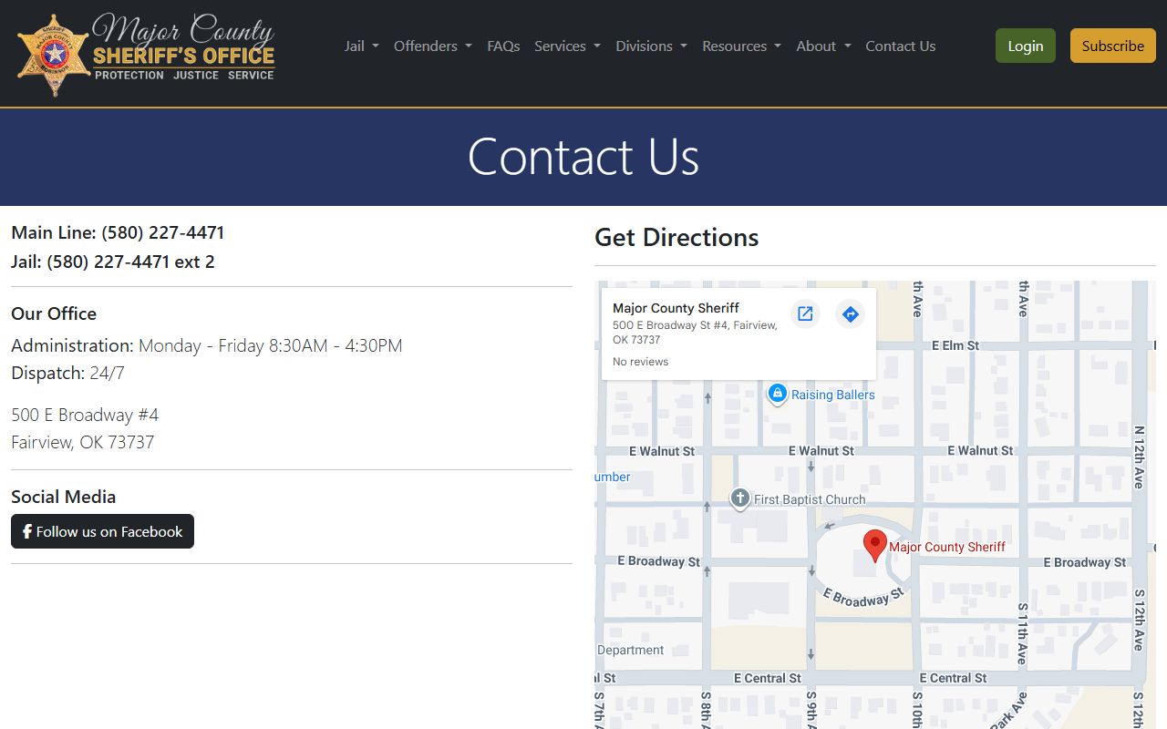 Major County Sheriff's Office contact page for arrest records