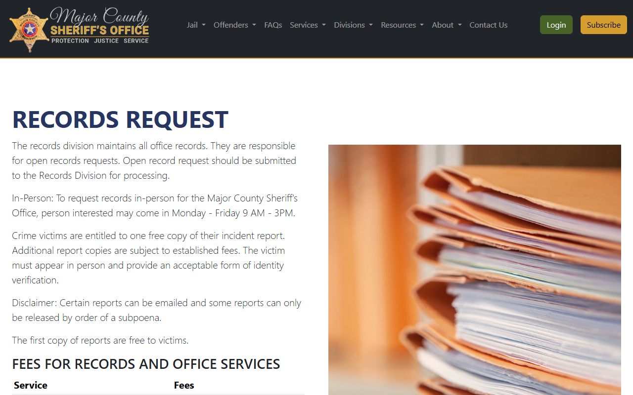 Major County Sheriff's Office records request page for arrest records