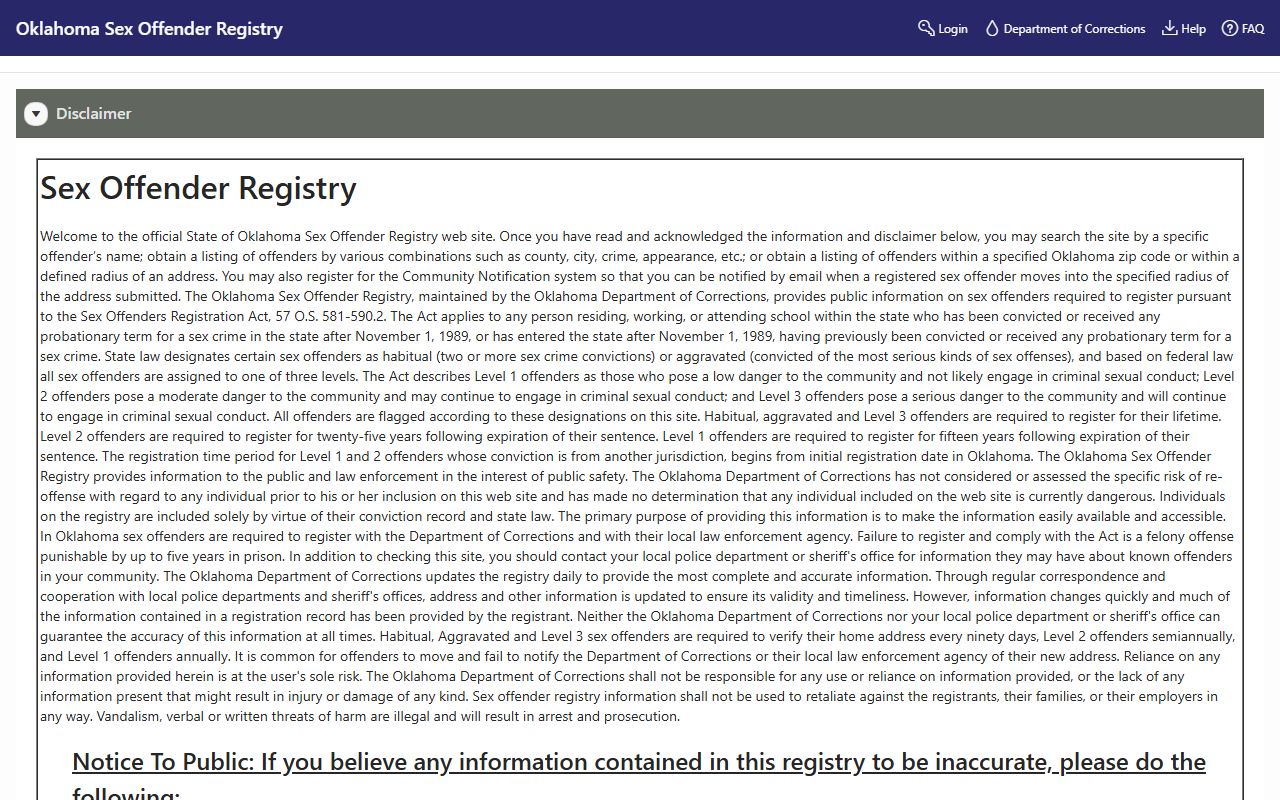 Oklahoma sex offender registry used with Major County charges