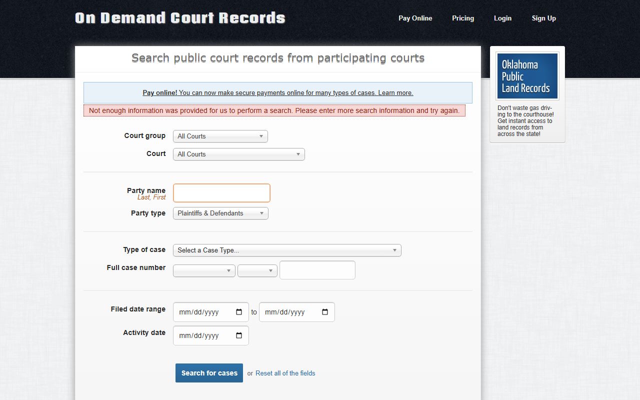 ODCR court search interface for Major County court dockets and case records