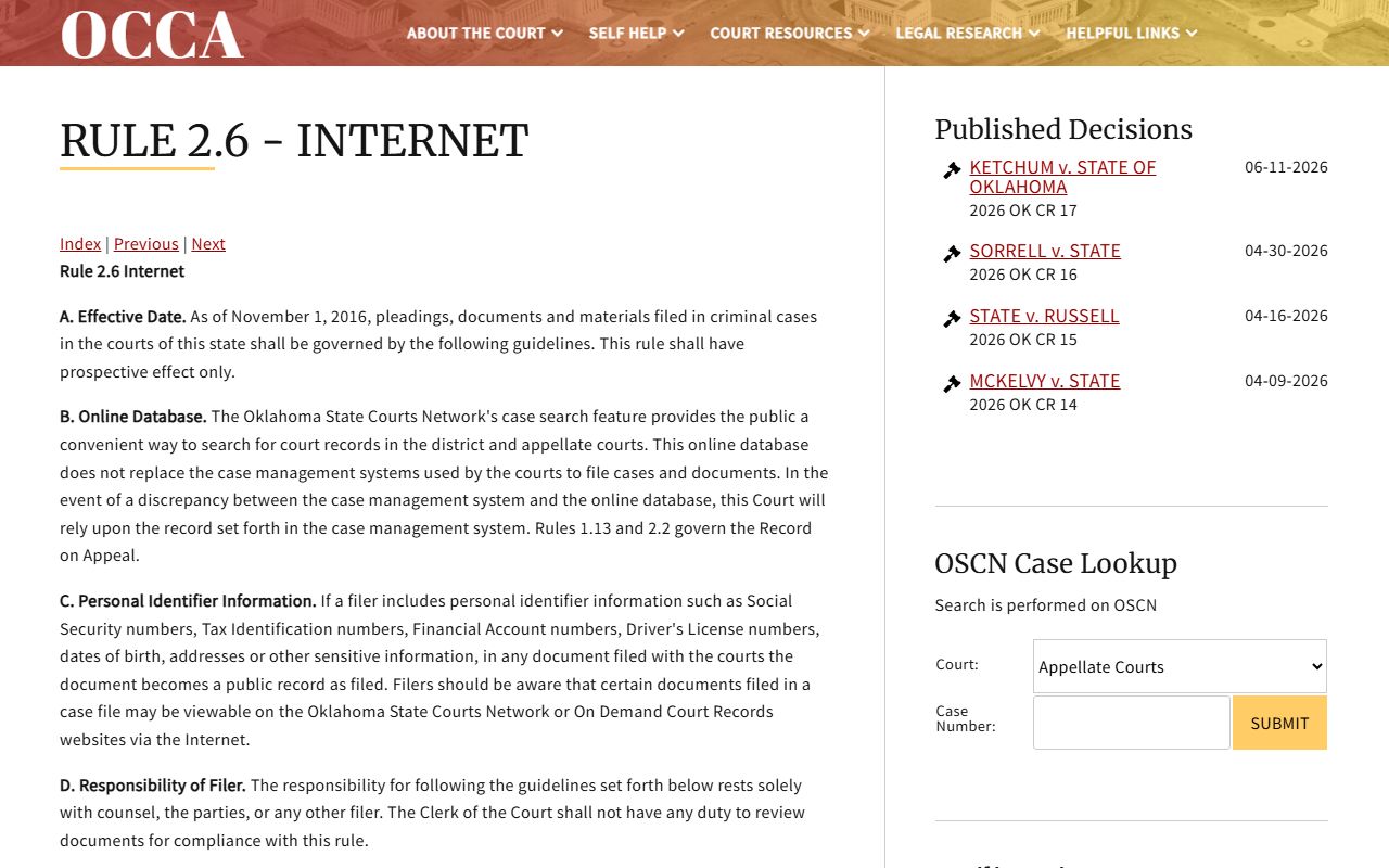 Oklahoma Court of Criminal Appeals Rule 2.6 page on records withheld from Major County online dockets