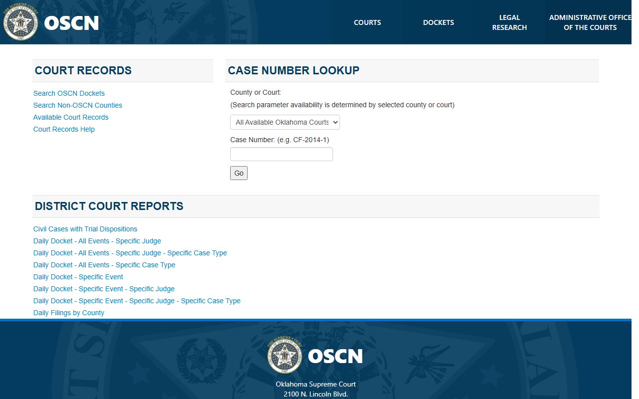 OSCN court records and docket search page used to look up Major County court dockets