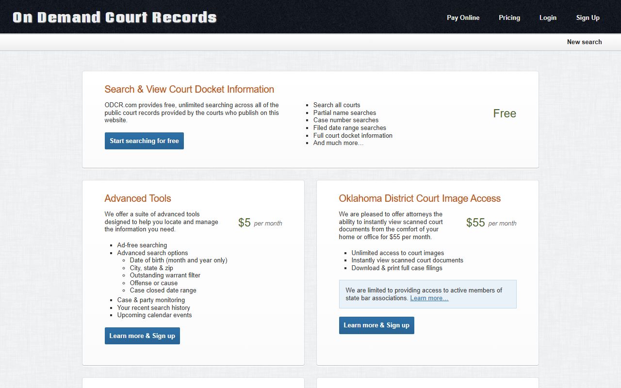 ODCR pricing page showing free and paid access to Major County court records
