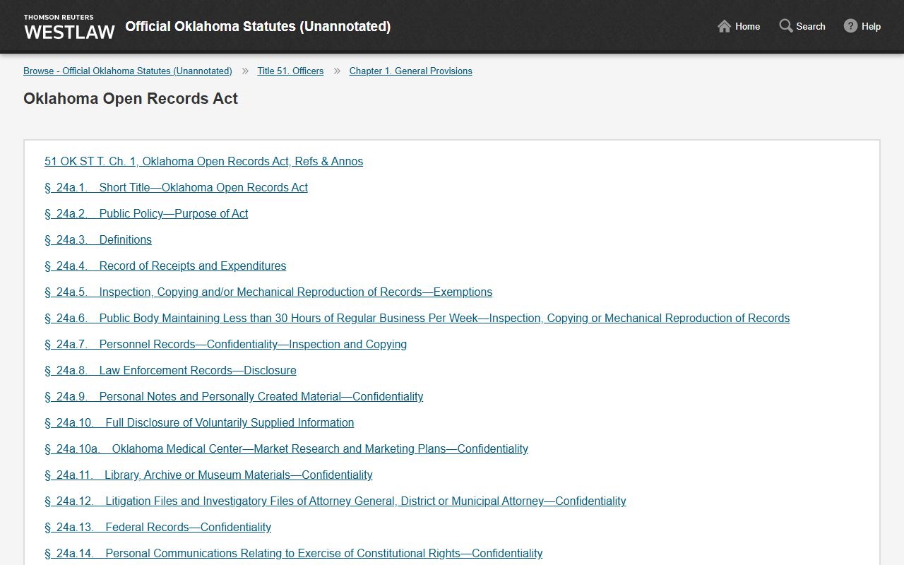 Official Oklahoma Statutes browser showing the Open Records Act behind Major County court records