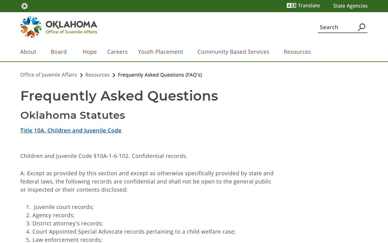 Oklahoma juvenile record confidentiality FAQ affecting Major County court records