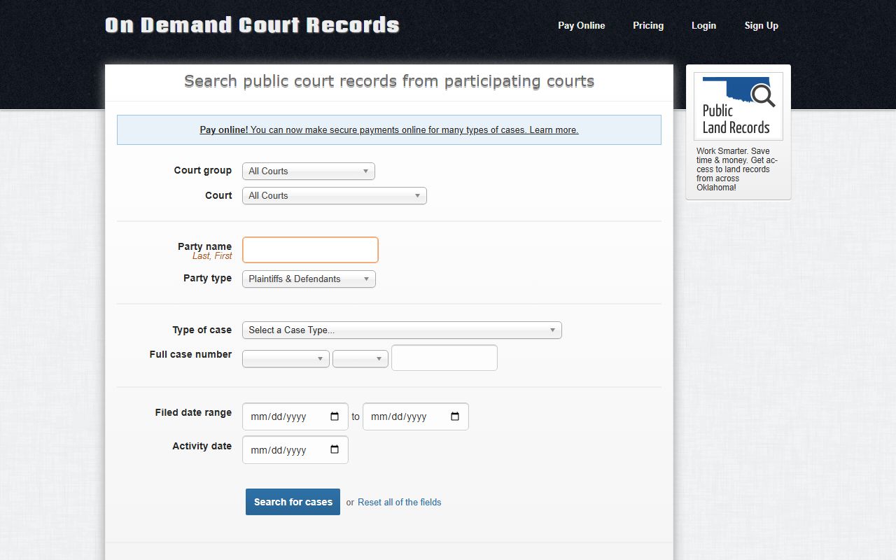 On Demand Court Records search portal used for Major County court records