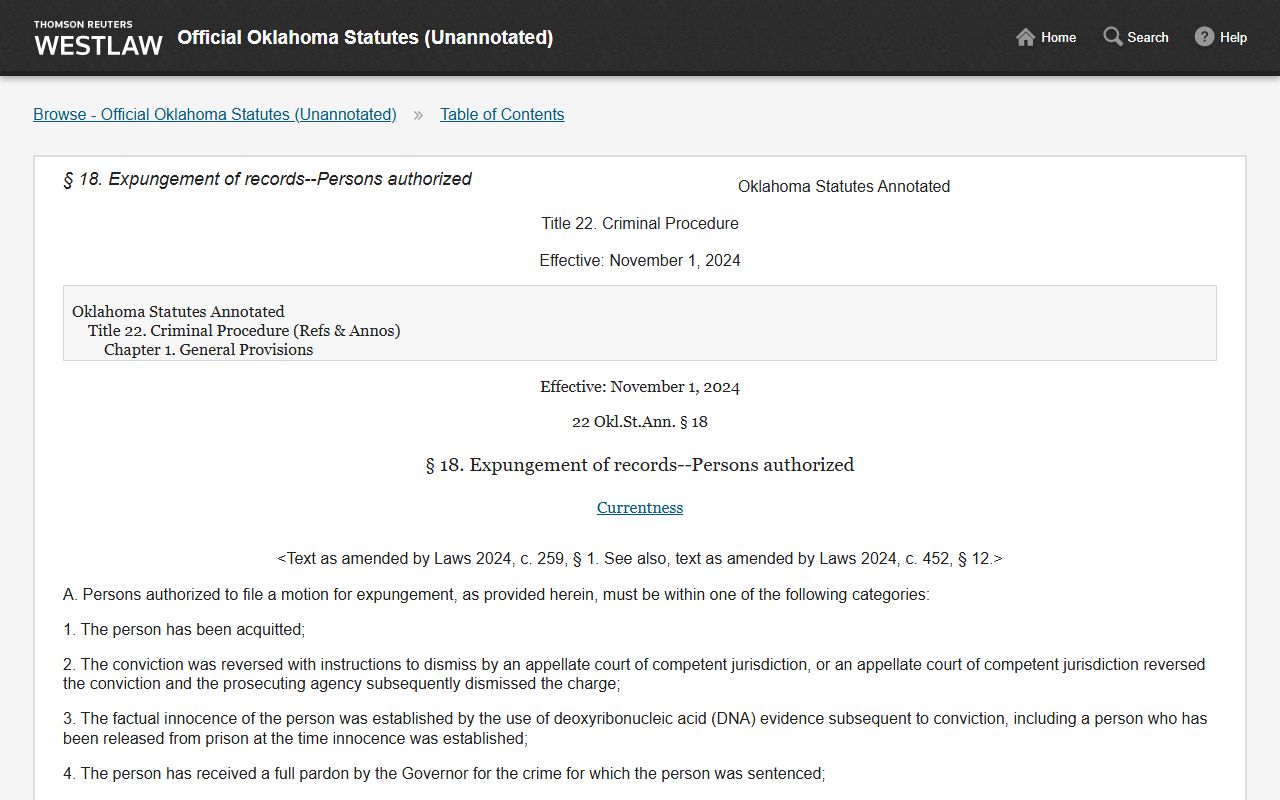 Official Oklahoma Statutes Title 22 expungement page governing Major County criminal records
