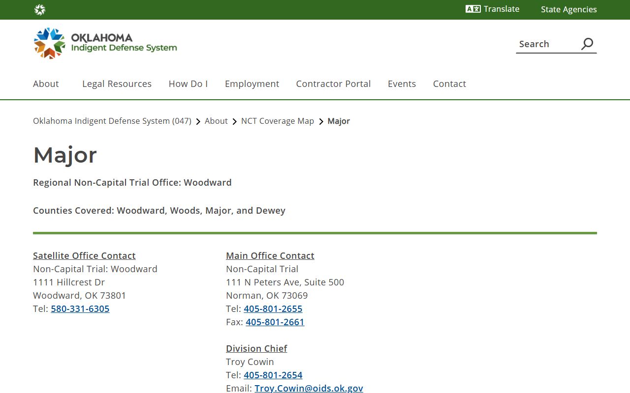 OIDS Major County coverage page for Major County criminal records and appointed counsel
