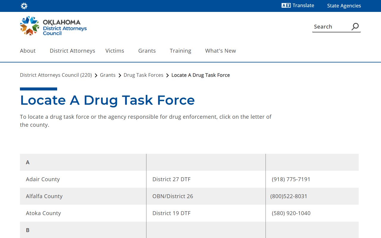 Oklahoma drug task force locator covering Major County criminal records district