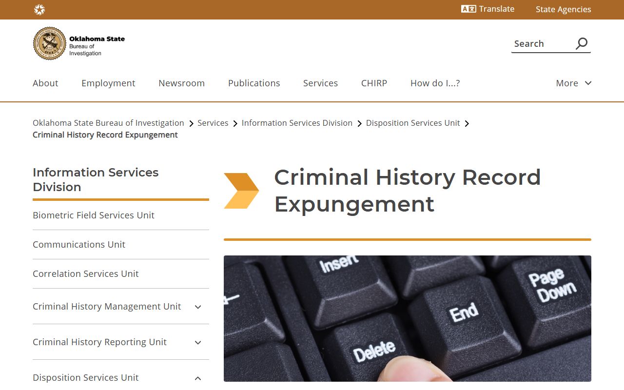 OSBI expungement page for clearing Major County criminal records