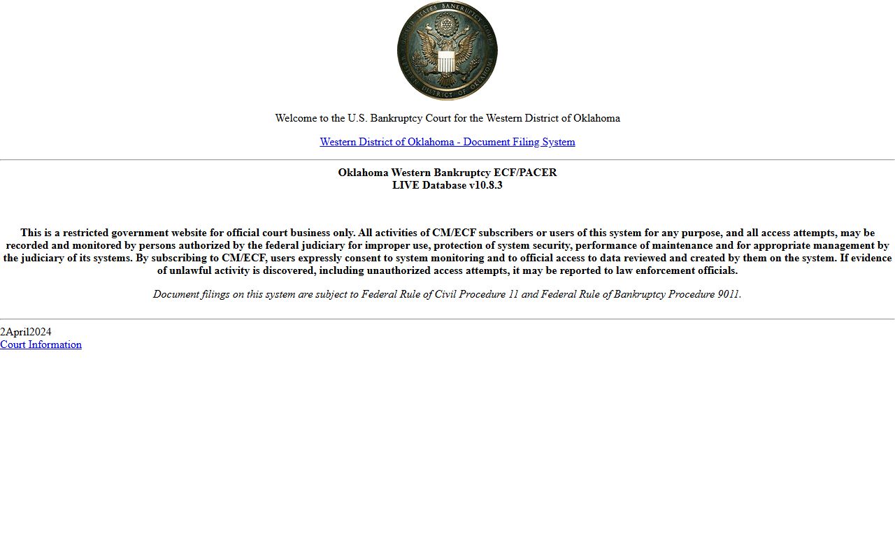 Major County bankruptcy court CM/ECF login page for court records