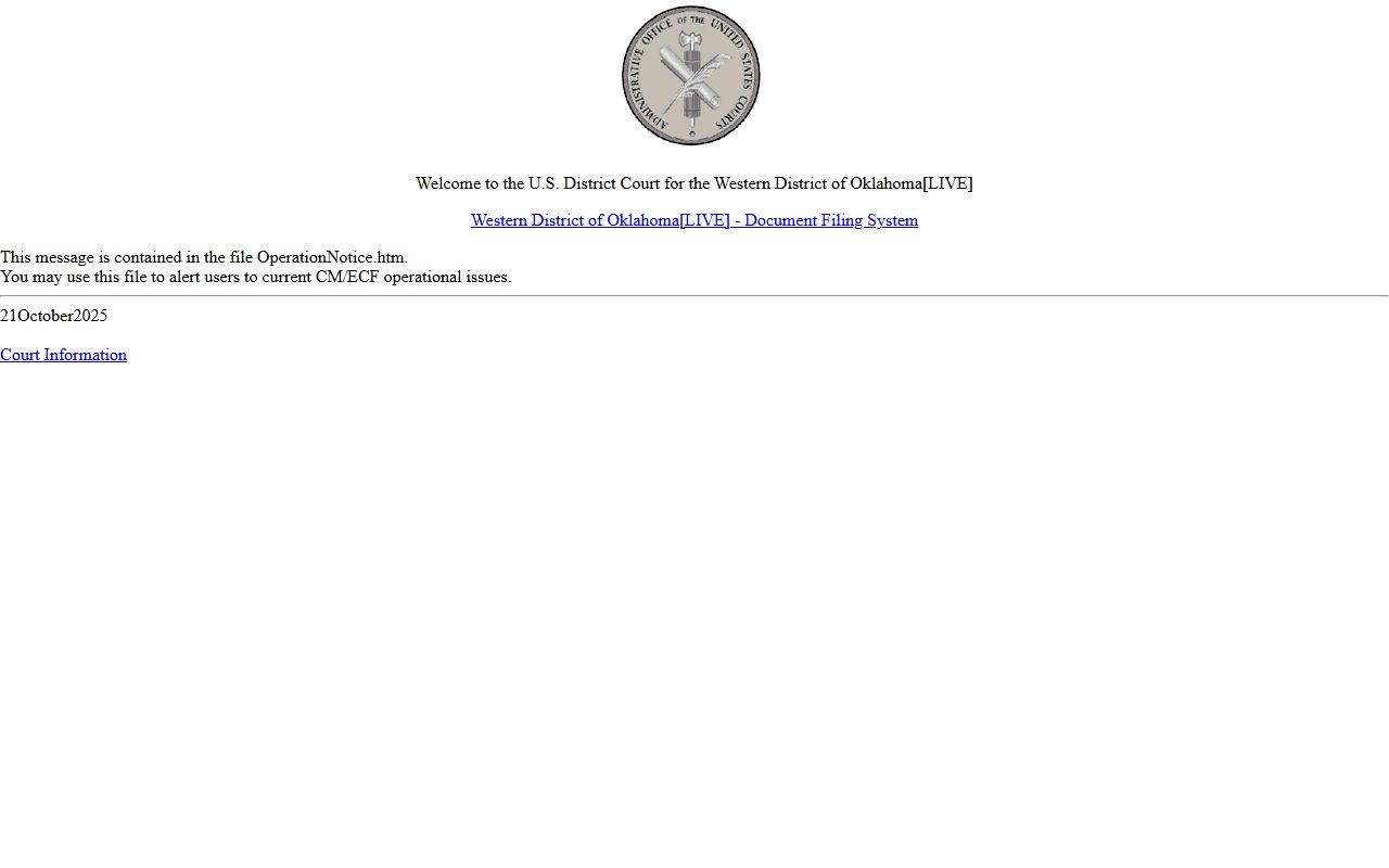 Major County federal district court CM/ECF login page for court records
