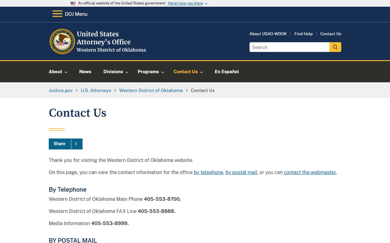 Major County U.S. Attorney Western District of Oklahoma court records contact page