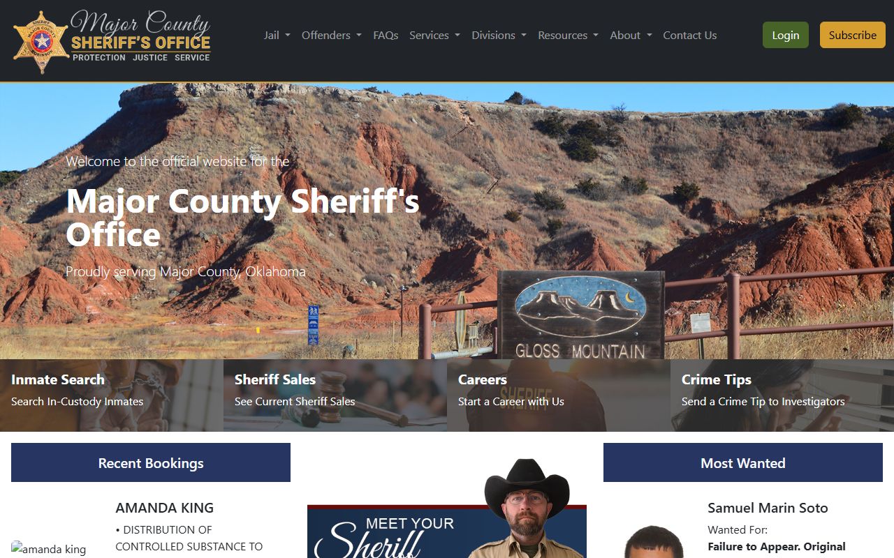 Major County Sheriff's Office homepage with inmate and warrant court records tools