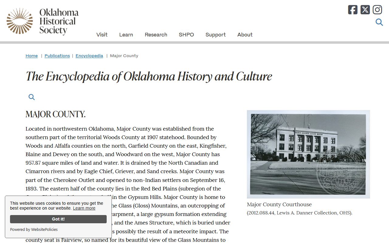 Oklahoma Historical Society Major County entry with courthouse and court records history