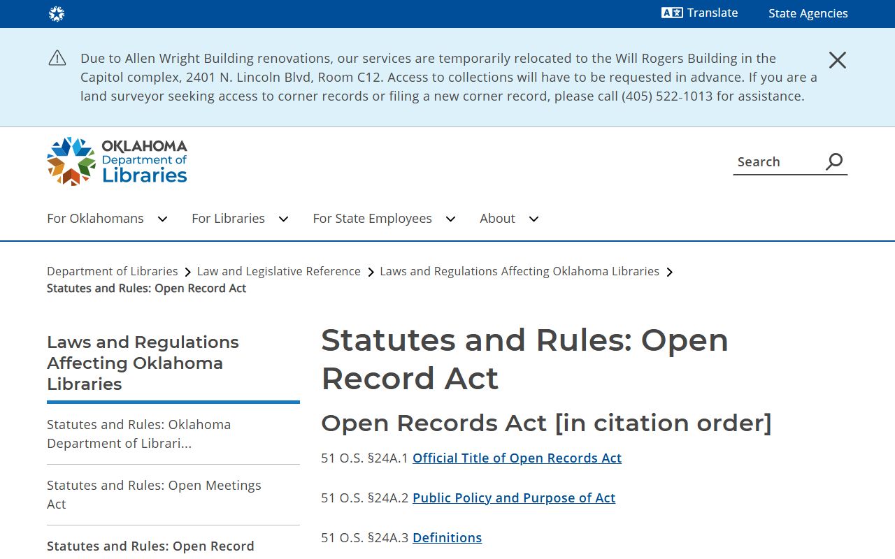 Oklahoma Open Records Act statute index used for Major County court records access