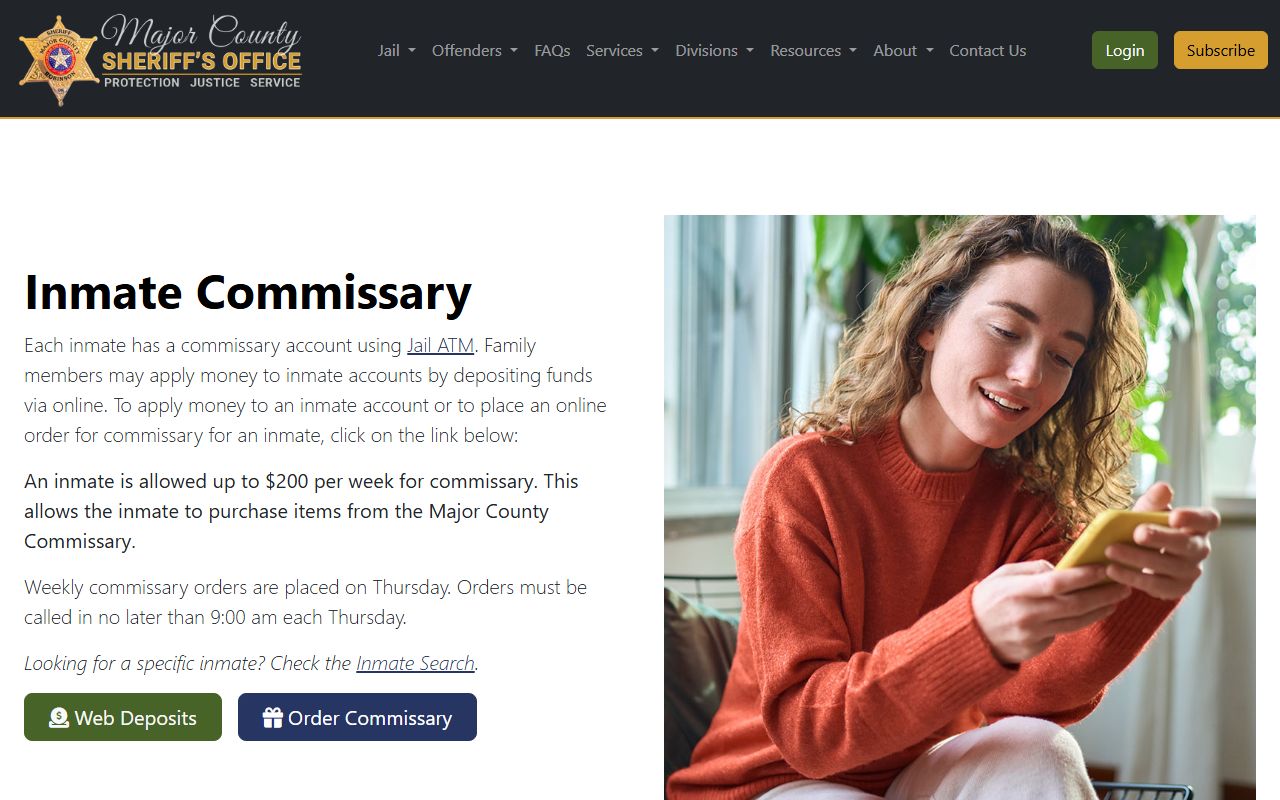 Major County inmate commissary deposit page through JailATM