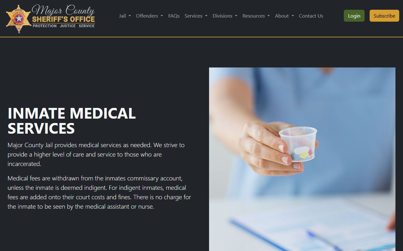 Major County jail inmate medical services and fee page
