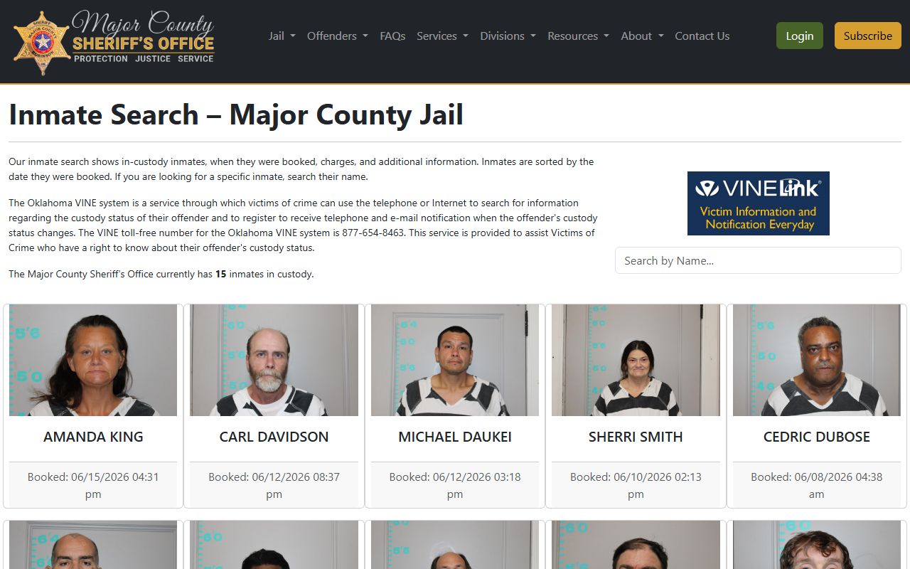 Major County inmate search page on the sheriff's website