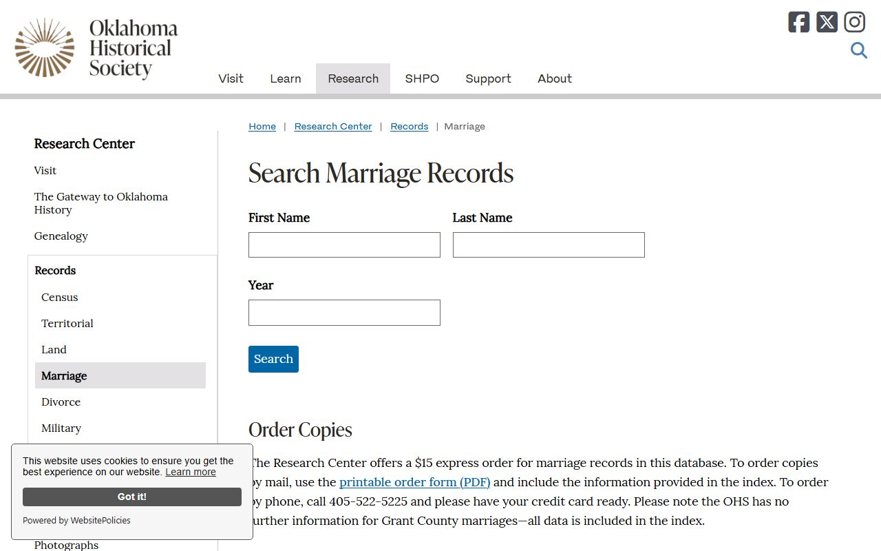Oklahoma Historical Society historical Major County marriage record search and copy-order results page