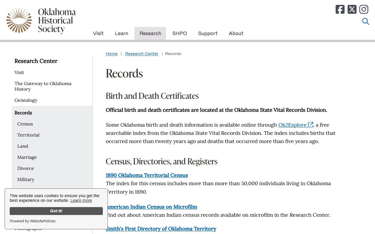 Oklahoma Historical Society page explaining that Major County marriage and divorce records are held by the county Court Clerk