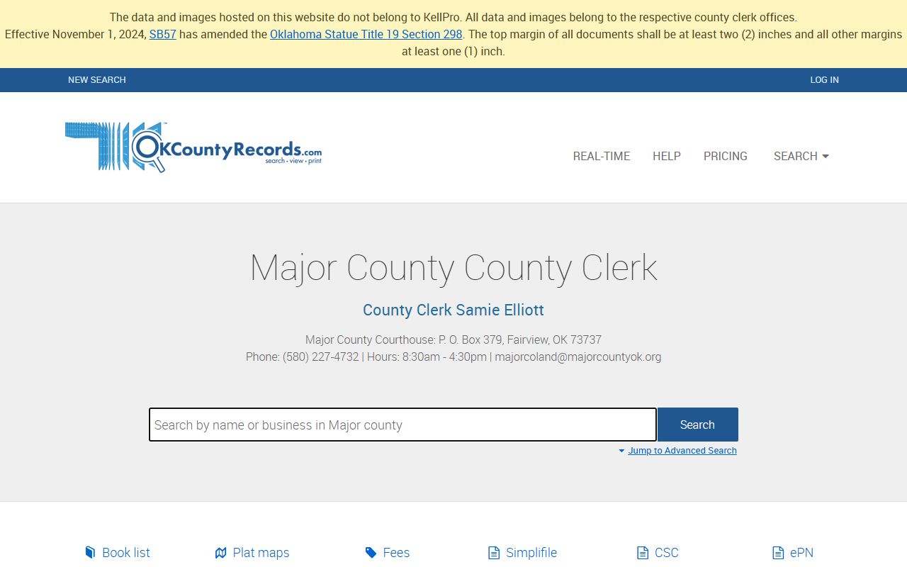Major County County Clerk land-record portal used to cross-check Major County probate filings