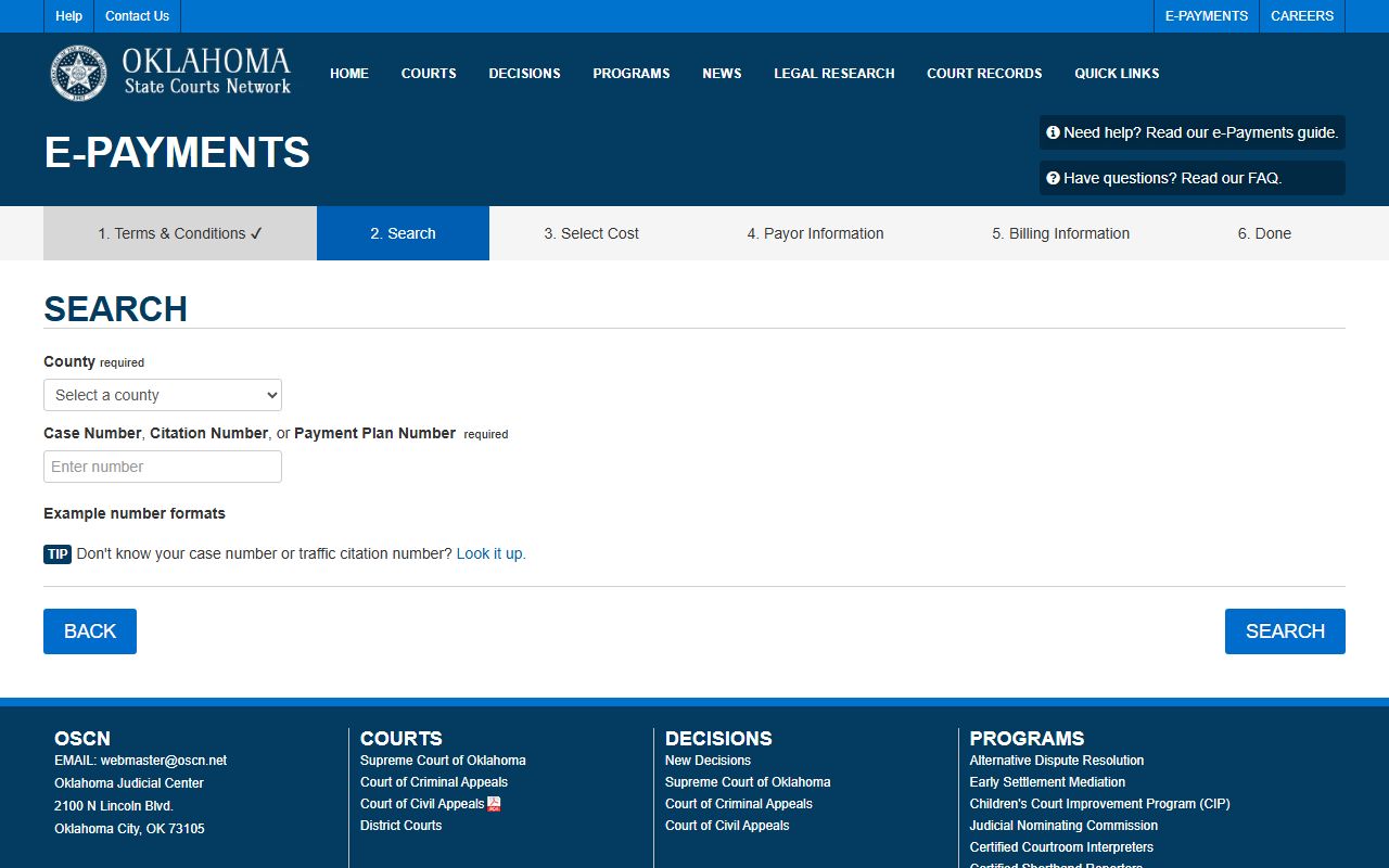 OSCN e-payments search page for paying a Major County traffic citation by number