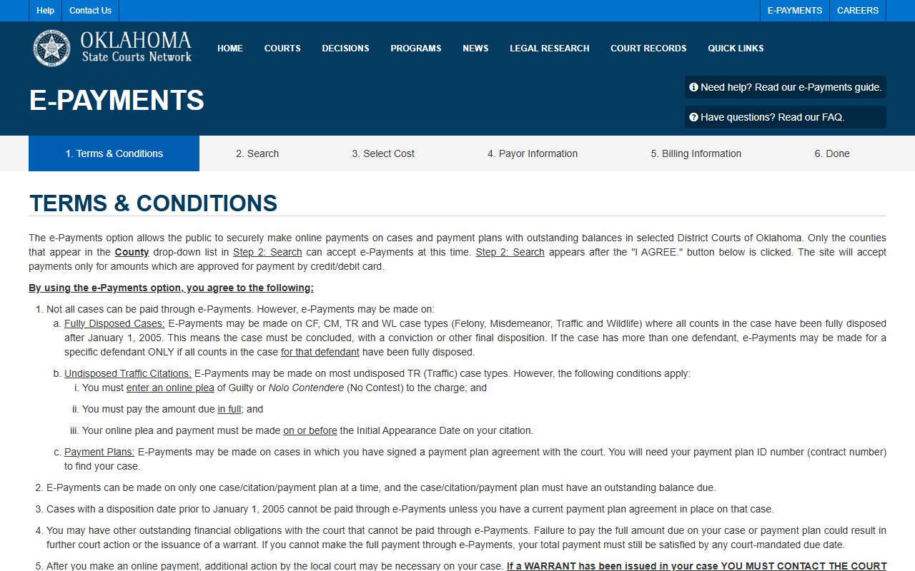 OSCN e-payments terms page used to pay Major County traffic court records online