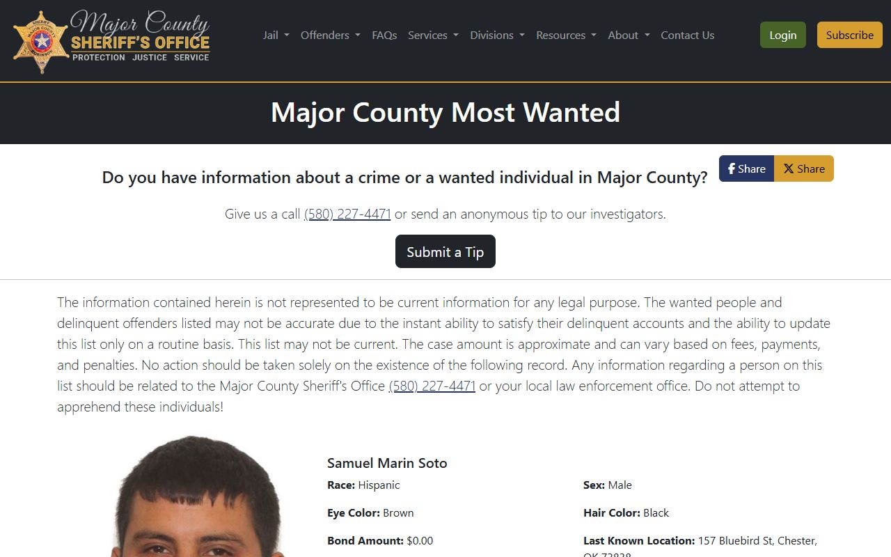 Major County warrant Most Wanted page with visible profile fields