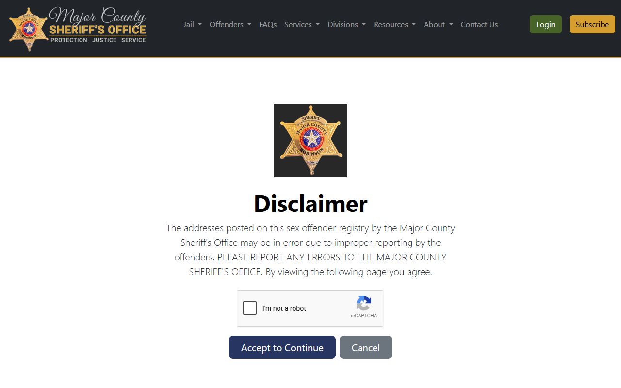 Major County warrant disclaimer page from the Sheriff's Office on record accuracy